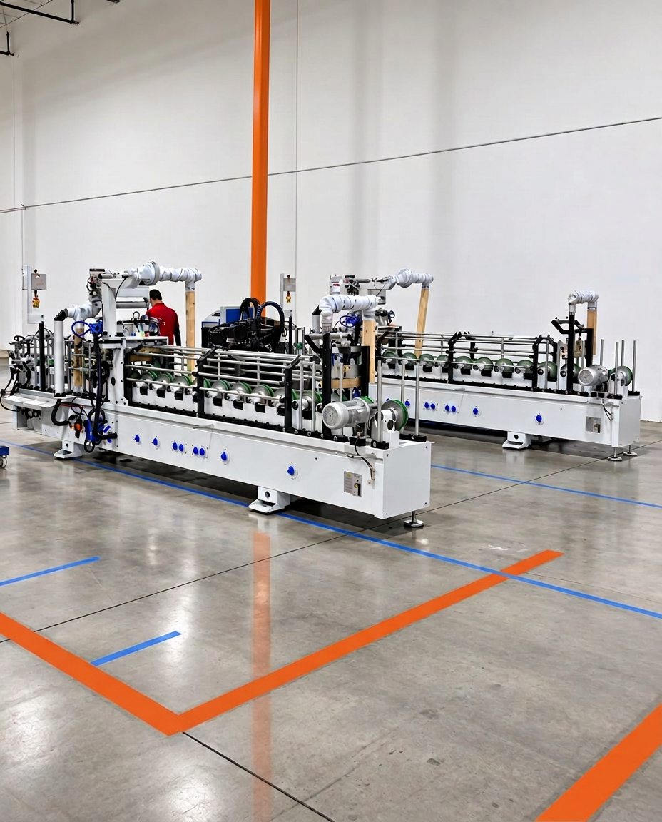Industrial adhesive application equipment configured for profile wrapping and laminating